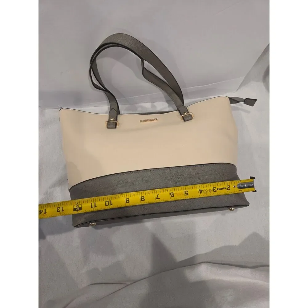 Elim & Paul Cream Gray Structured Tote Bag Saffiano Faux Leather Gold Hardware